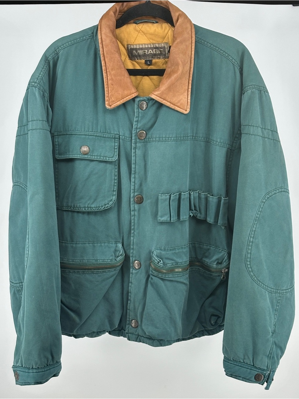 Vintage Men’s Large Mirage Green Canvas Bomber Jacket with Tan Leather Collar